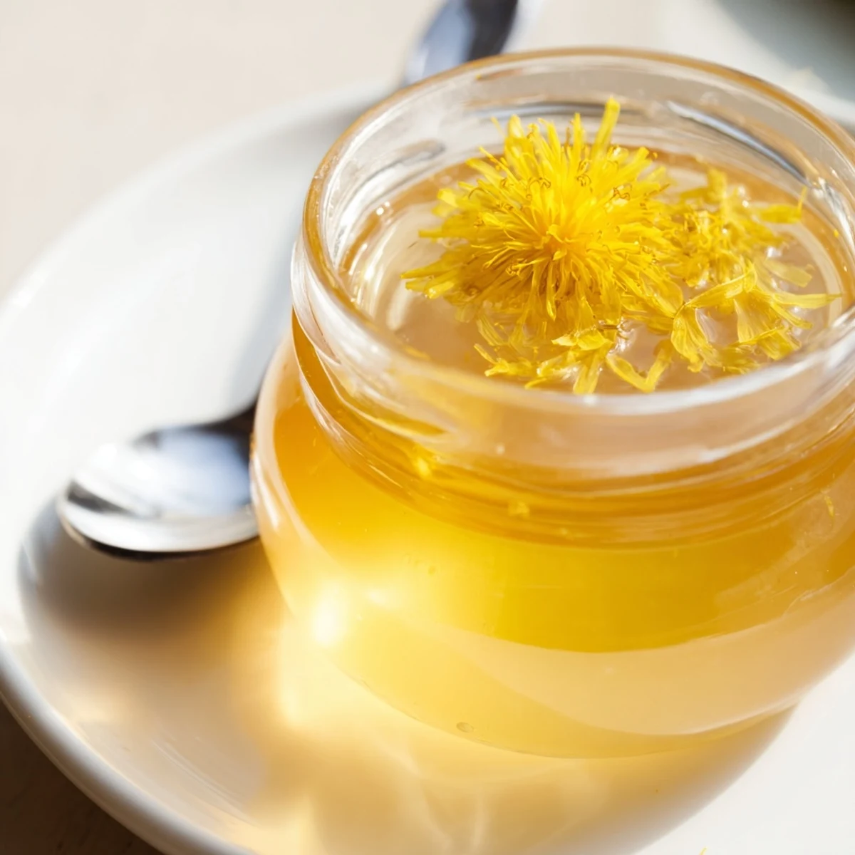 Warm homemade fresh dandelion jelly glistening in a glass canning jar