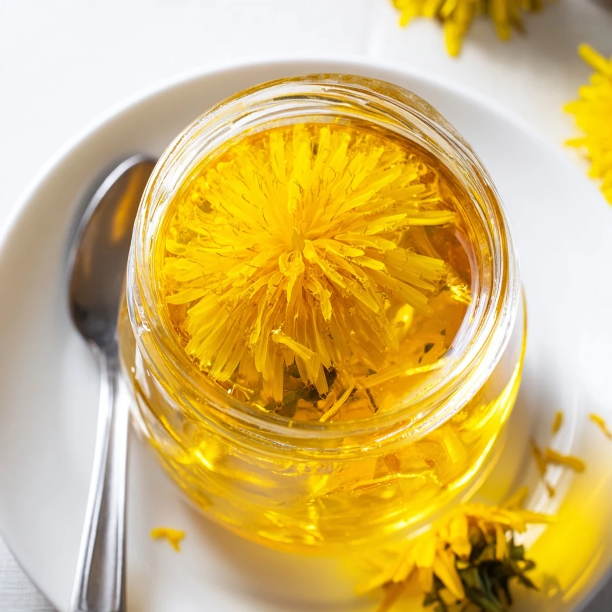 Sunlit homemade fresh dandelion jelly drizzled over creamy soft cheese