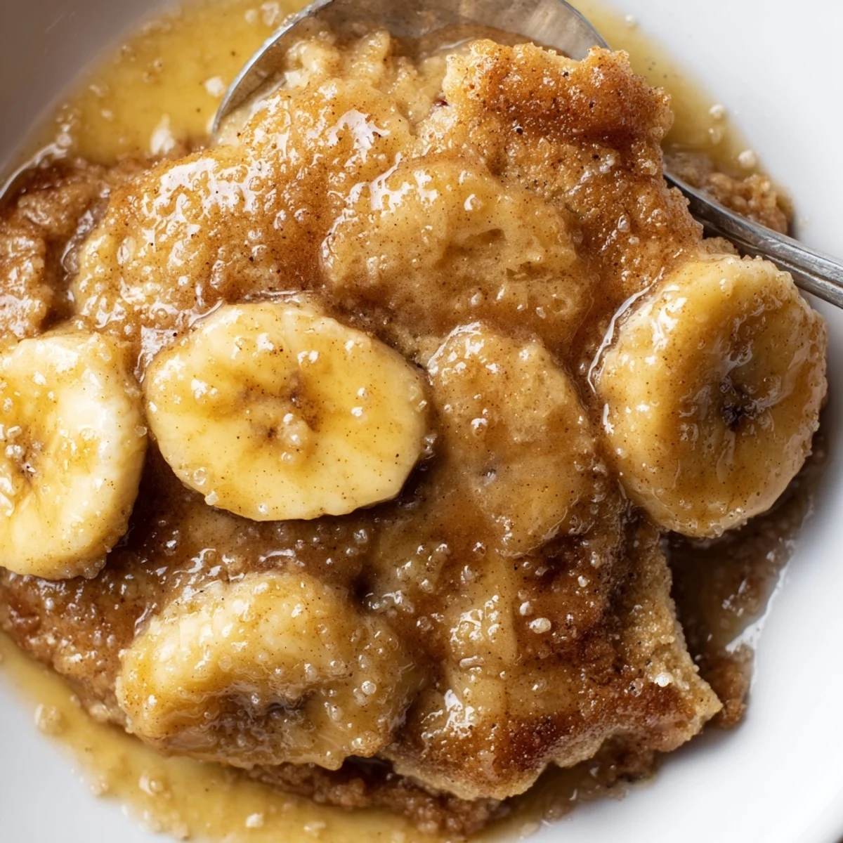 Golden Southern banana cobbler bubbling with spiced fruit beneath a buttery crust