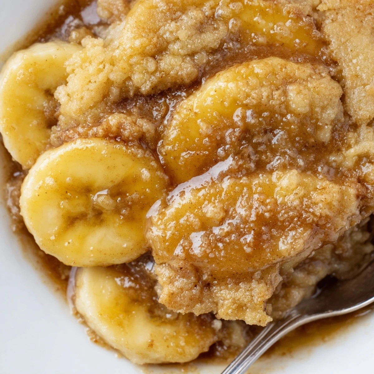 Warm Southern banana cobbler served in a dish with melting vanilla ice cream