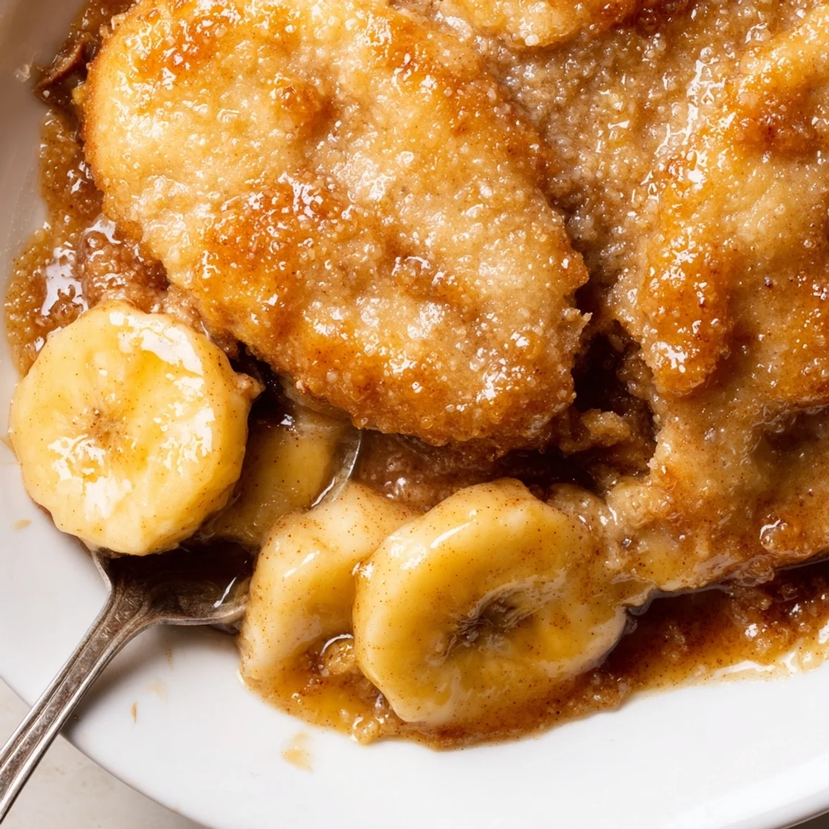 Southern banana cobbler fresh from the oven with a golden crunchy sugar topping