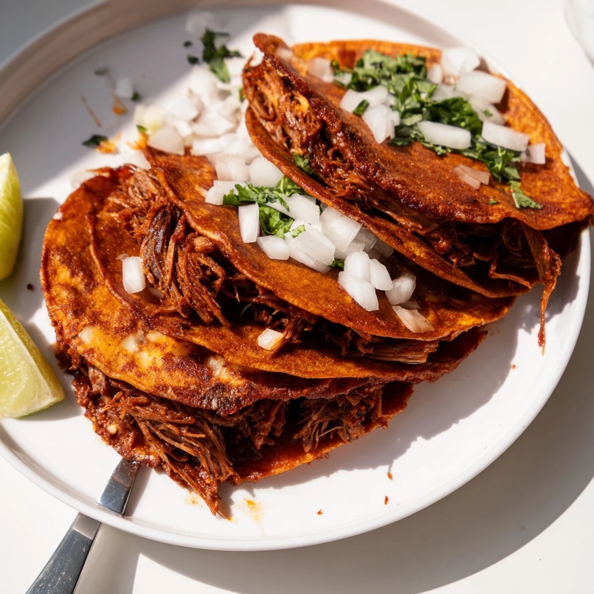 Slow cooker birria tacos served with a steaming cup of rich red consommé