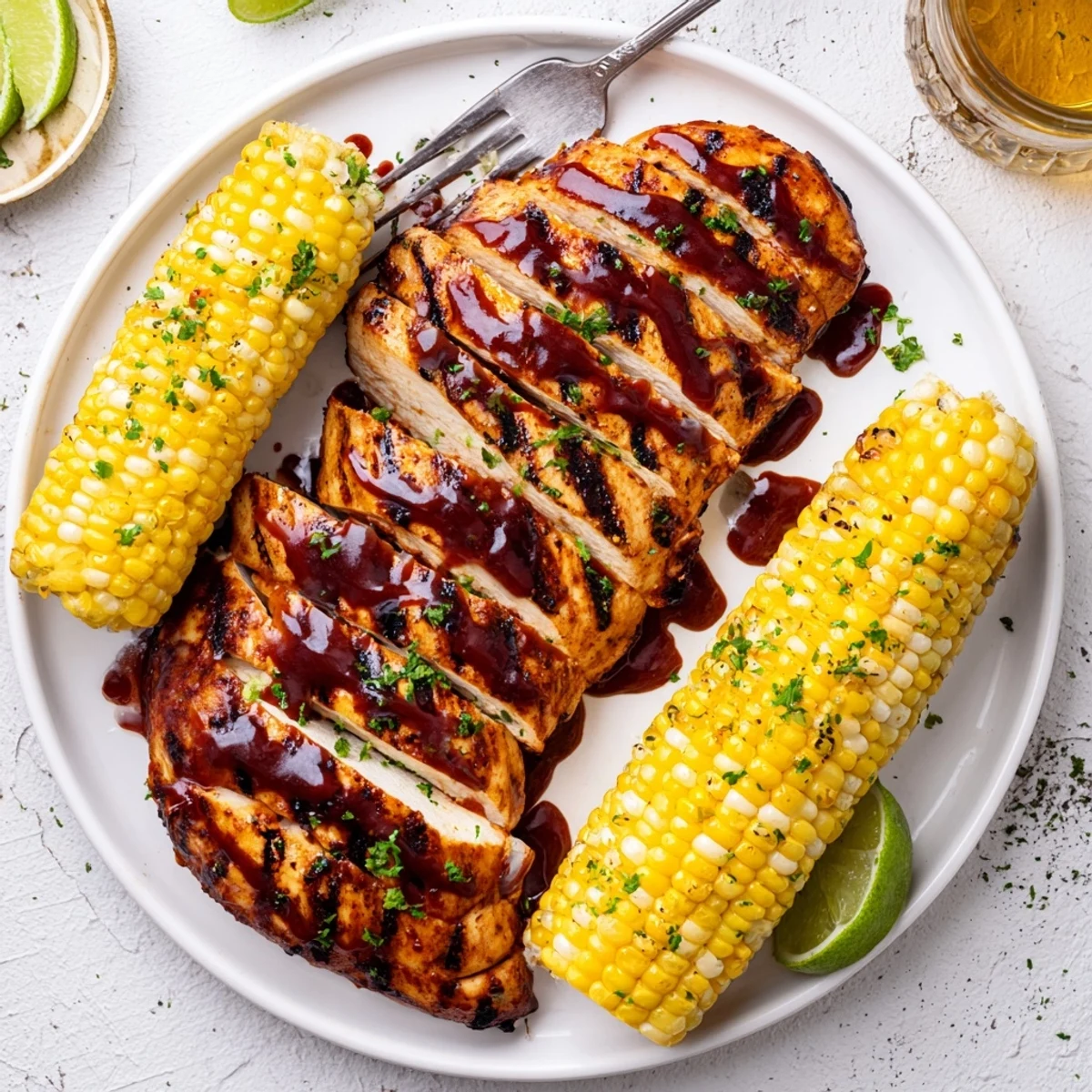Plate of BBQ Chicken With Corn, juicy slices, charred kernels and lime.