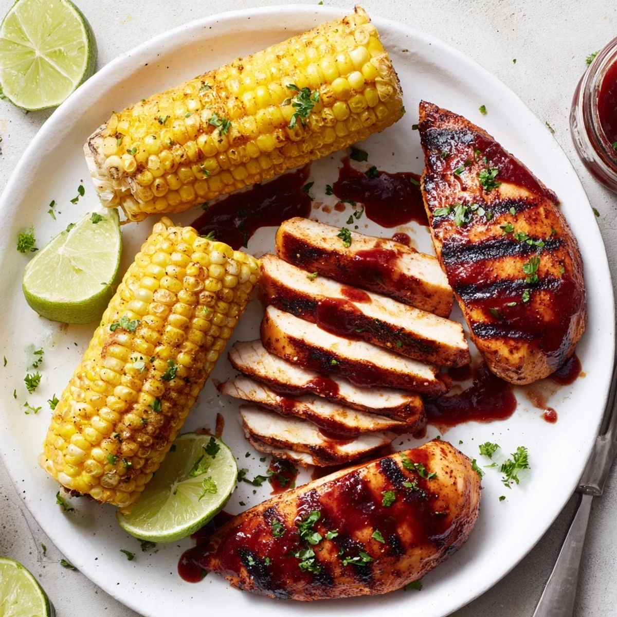 BBQ Chicken With Corn sizzling on the grill, smoky glaze and buttered corn.