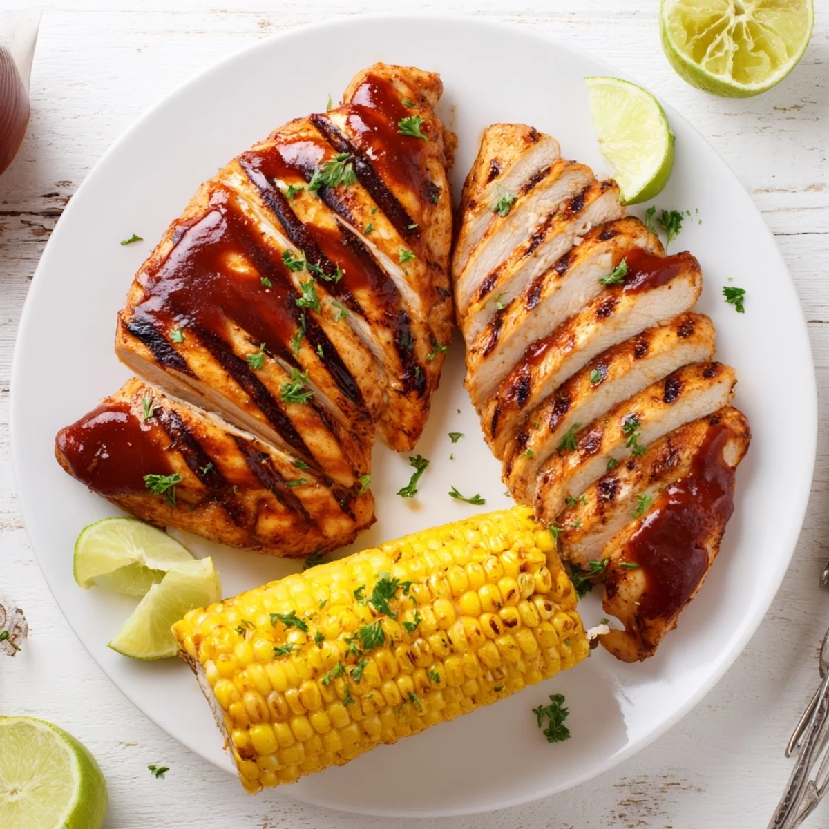 Family-style BBQ Chicken With Corn served with parsley garnish and tangy barbecue.
