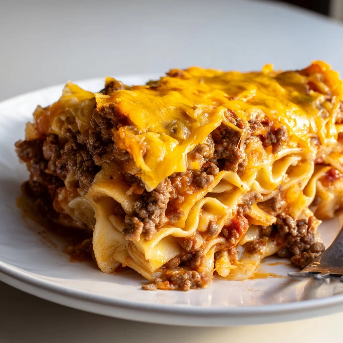 Beef Lombardi Casserole bubbling golden, creamy cheese topping, ready for family