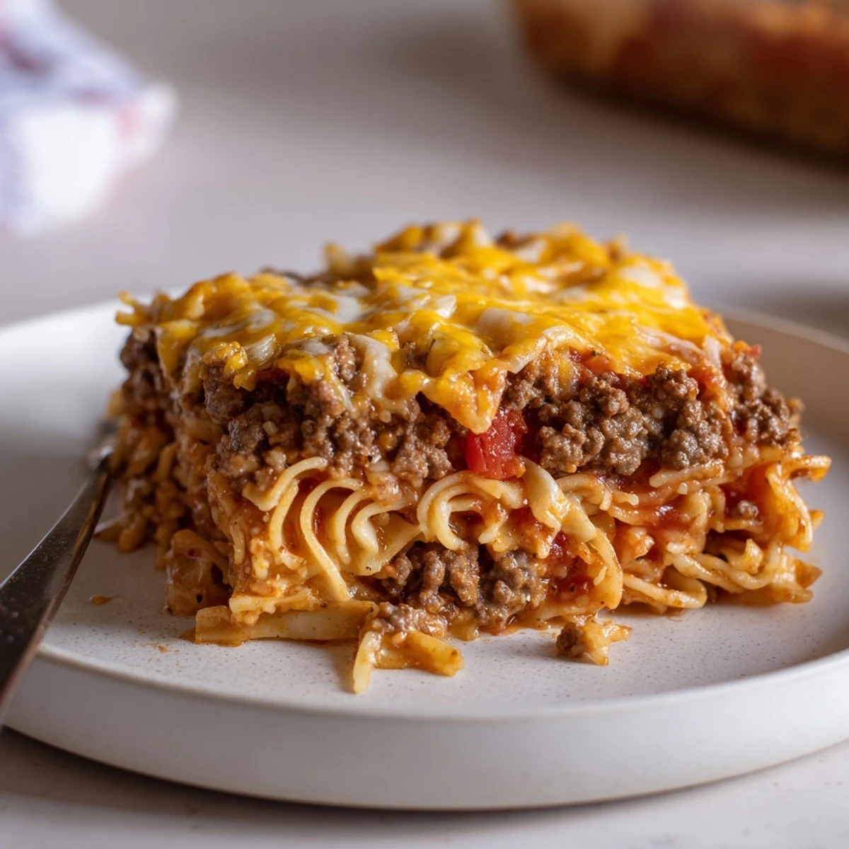 Oven-baked Beef Lombardi Casserole layered with egg noodles and savory tomatoes