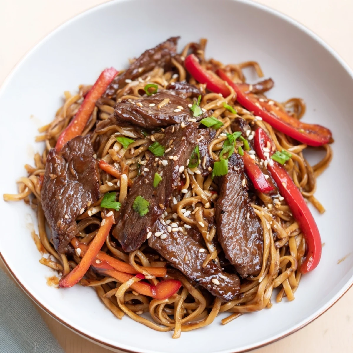 Sticky Beef Noodles glistening in sweet-savory sauce, tender beef, scallions.