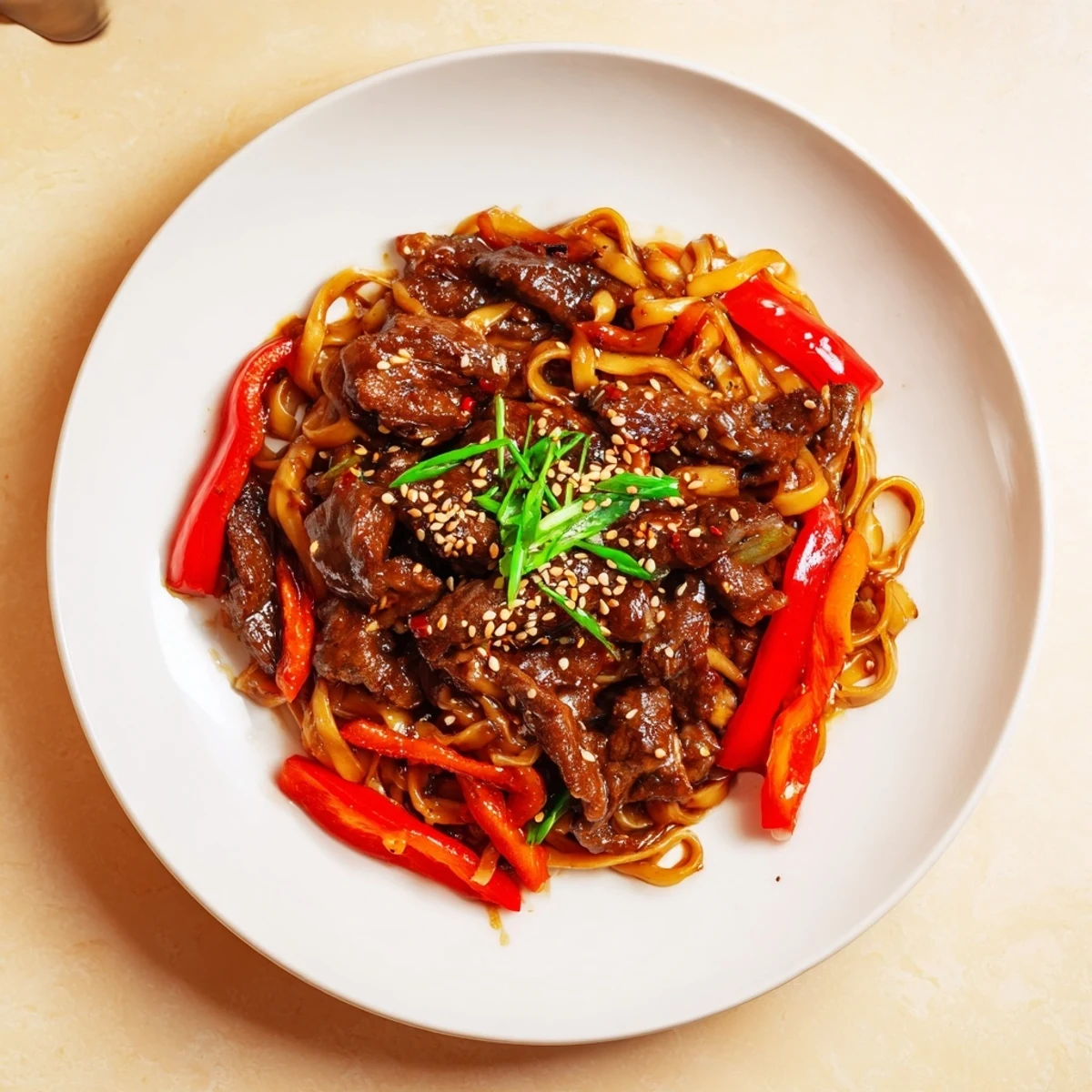 Weeknight-ready Sticky Beef Noodles tossed with bell pepper, sesame seeds, steaming hot.