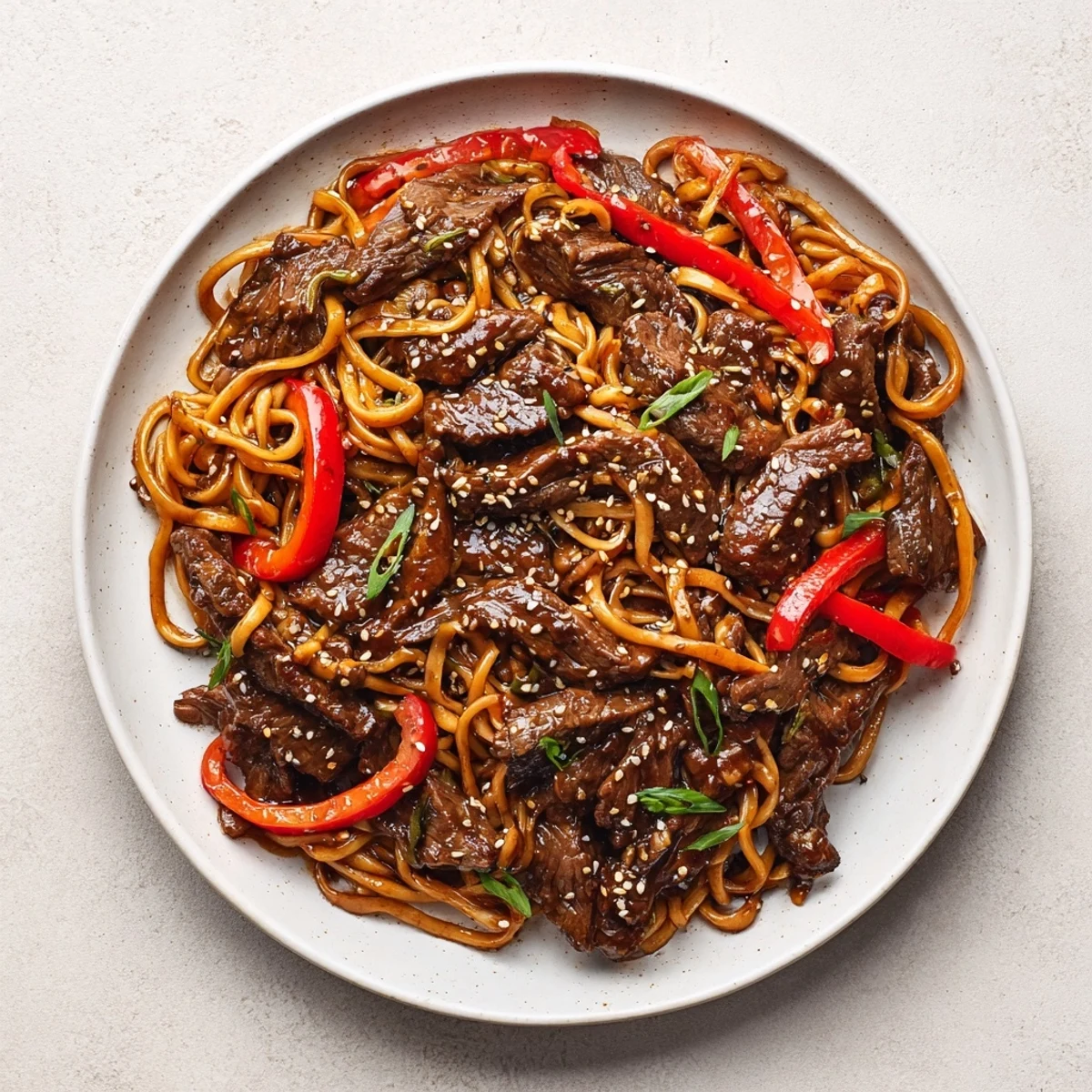 Wok-seared Sticky Beef Noodles with chewy egg strands, garlicky aroma, cilantro garnish.