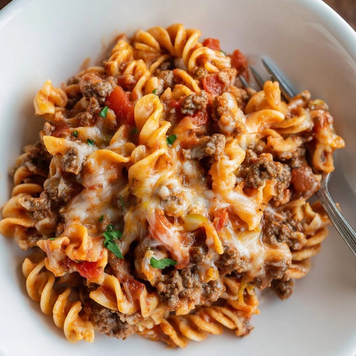 Warm Beef Noodle Casserole in a golden browned crust, aromatic tomato sauce
