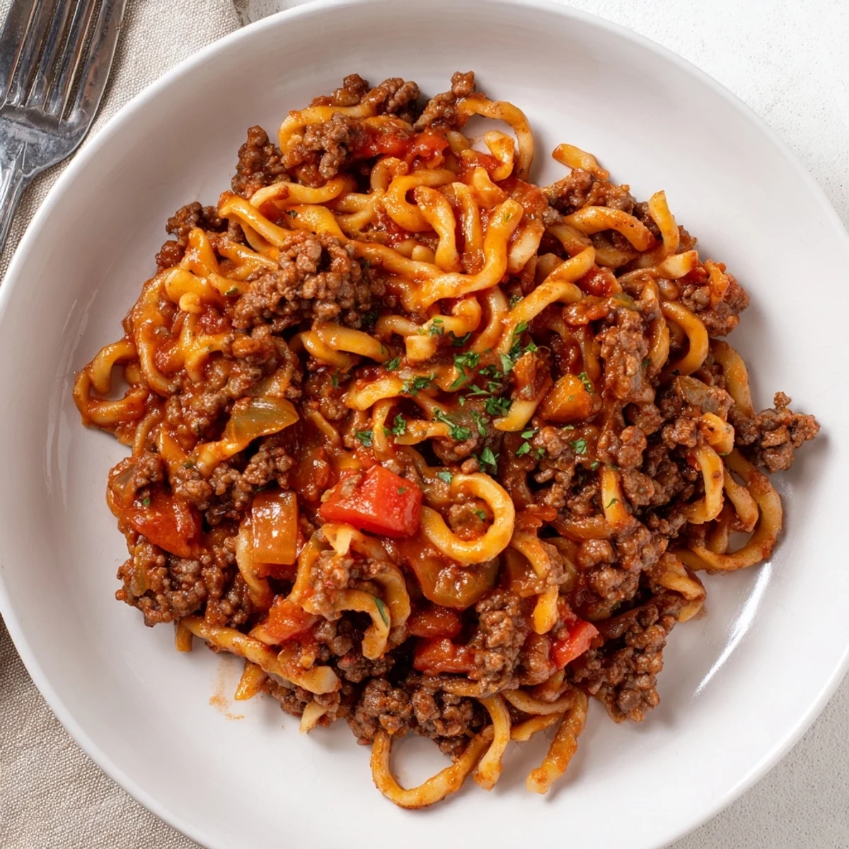Beef Noodle Casserole bubbling with melted cheddar, steaming, garnished with parsley