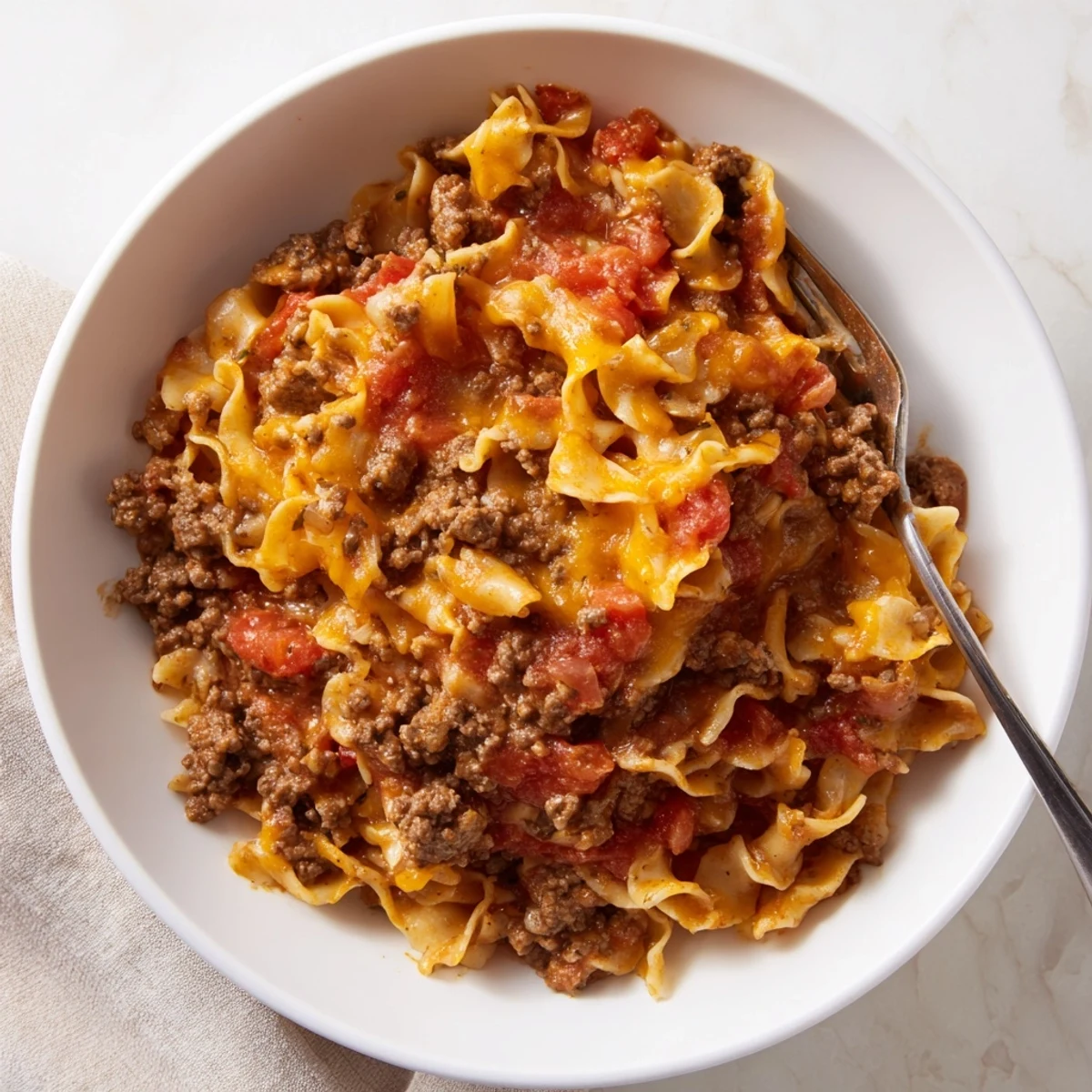 Family-style Beef Noodle Casserole served with garlic bread and crisp salad