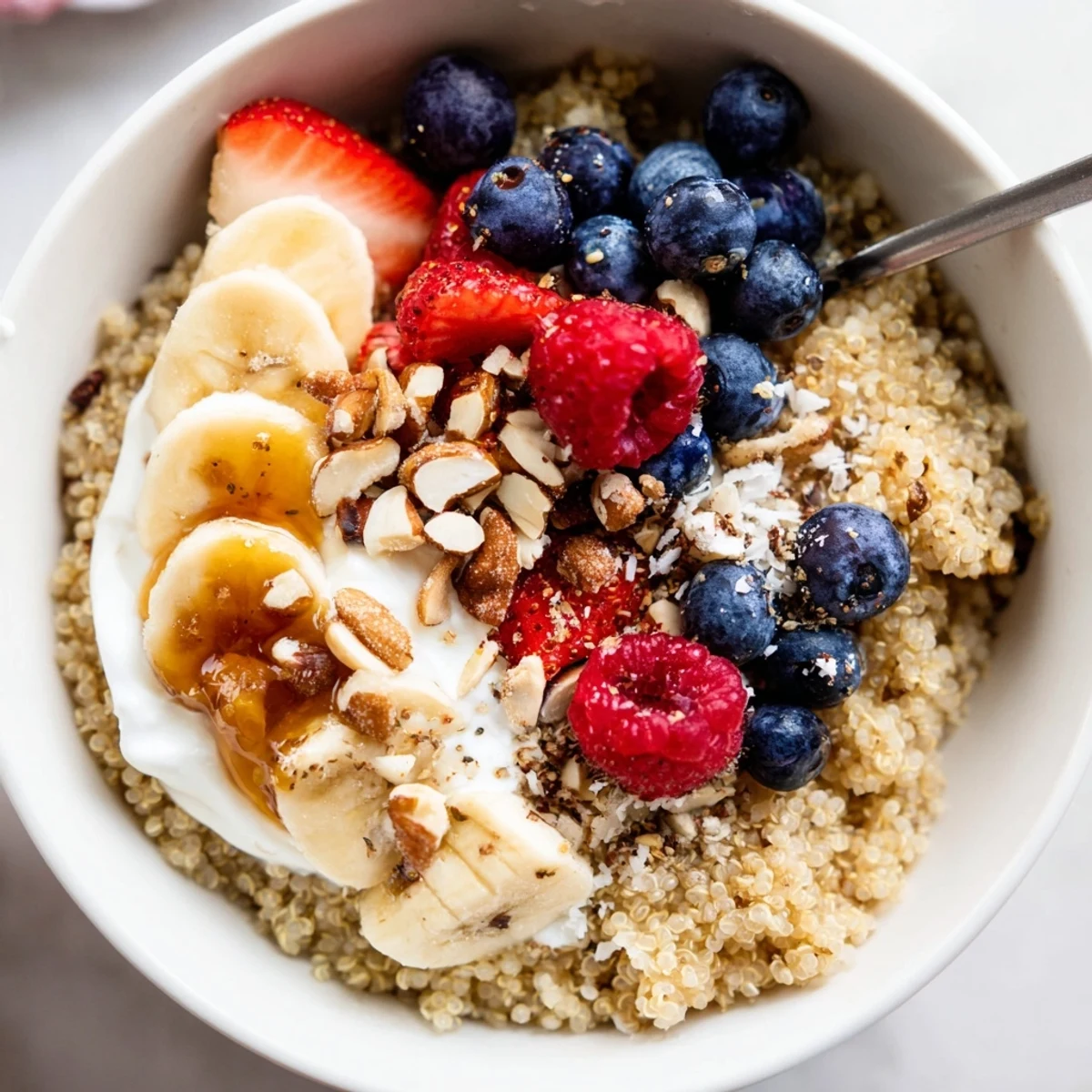 Colorful Quinoa Breakfast Bowl arranged with berries, chia, coconut, ready to eat.