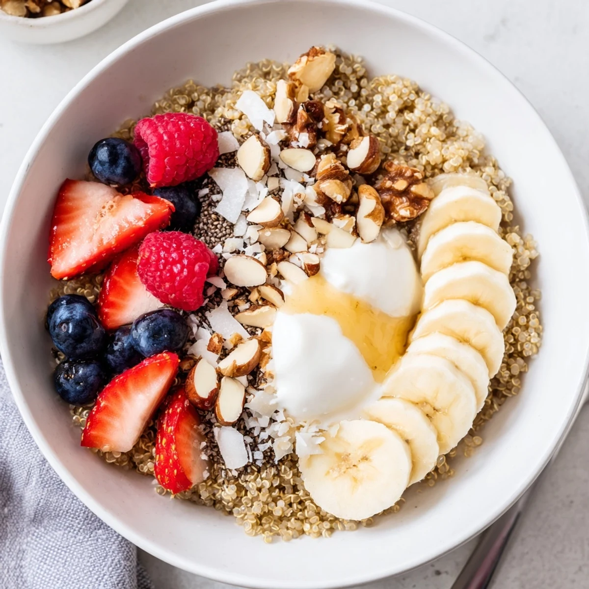 Warm Quinoa Breakfast Bowl topped with sliced banana, crunchy nuts, drizzled honey.