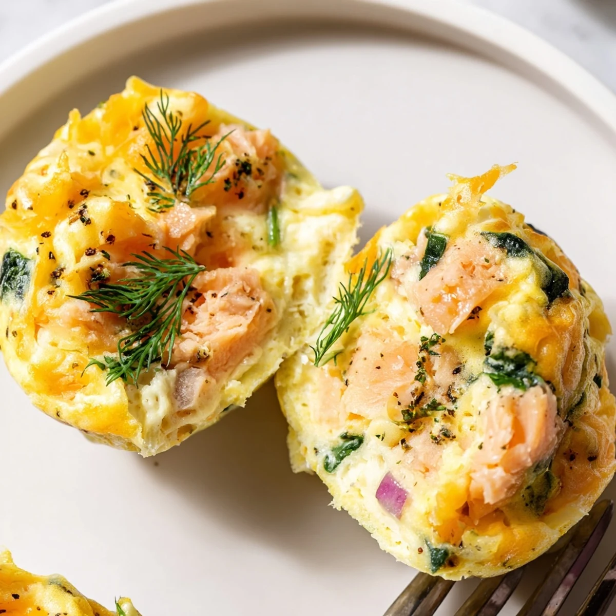 Smoked Salmon Egg Muffins with golden tops, dill garnish, warm and fluffy