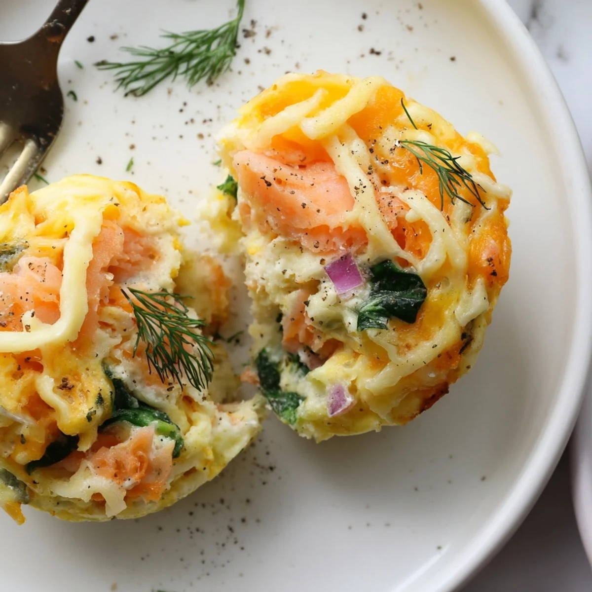 Plate of Smoked Salmon Egg Muffins, flaky fish, melted cheese, served warm