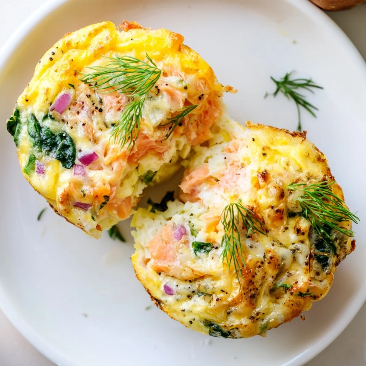 Six Smoked Salmon Egg Muffins resting in tin, herb-scented, ready for brunch