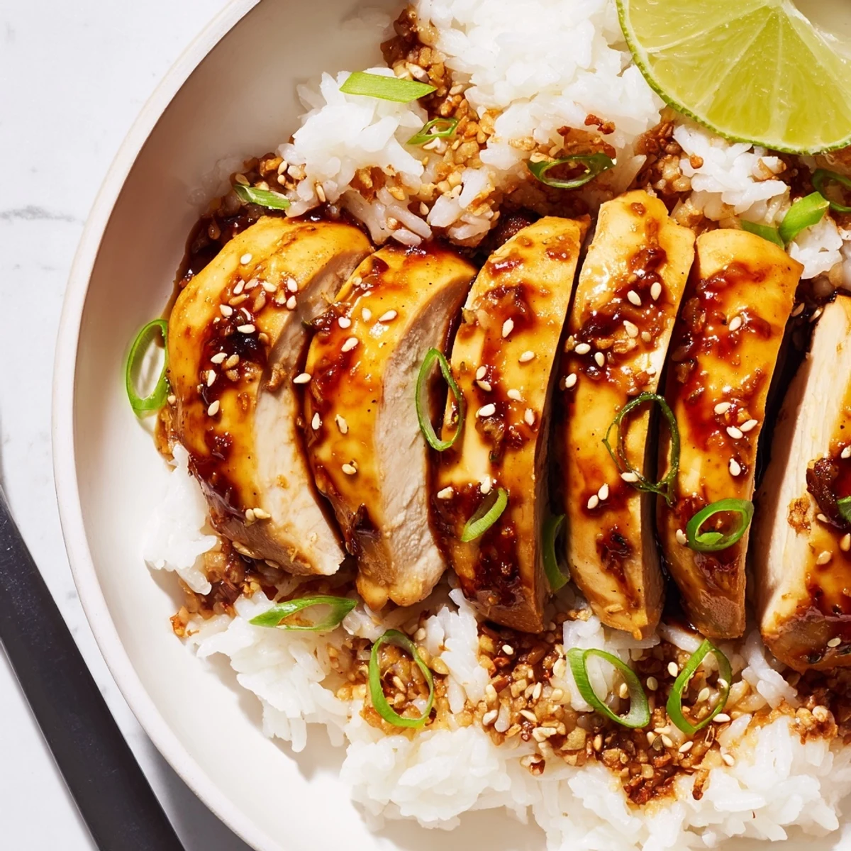 Spicy Maple Chicken And Coconut Rice glistening with sticky glaze, citrus lime wedge  
