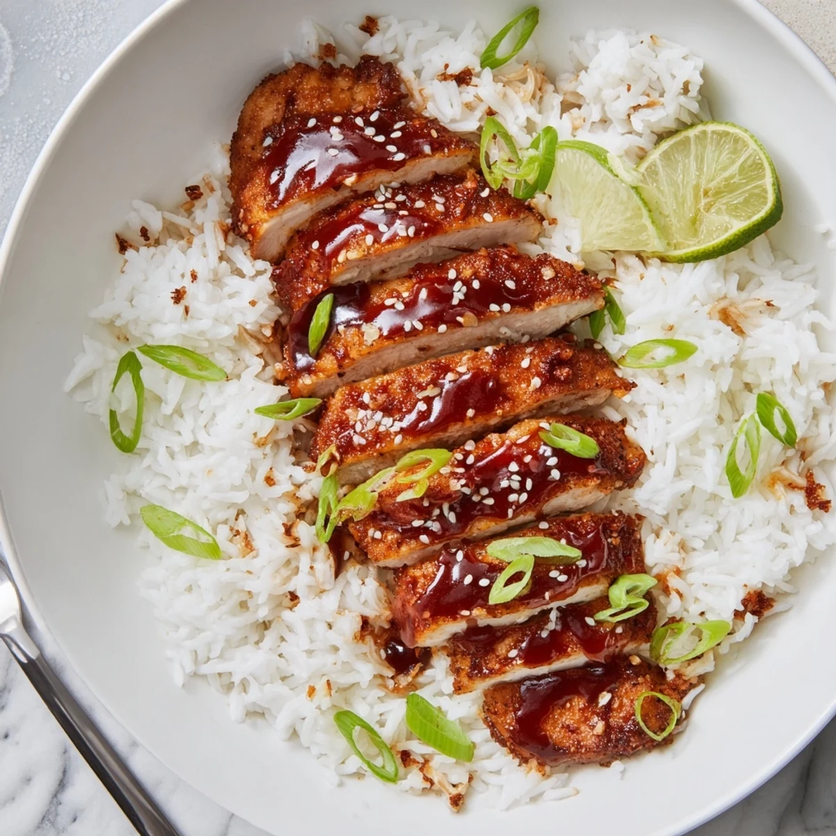 Pan-seared Spicy Maple Chicken And Coconut Rice served steaming, bright lime squeezed
