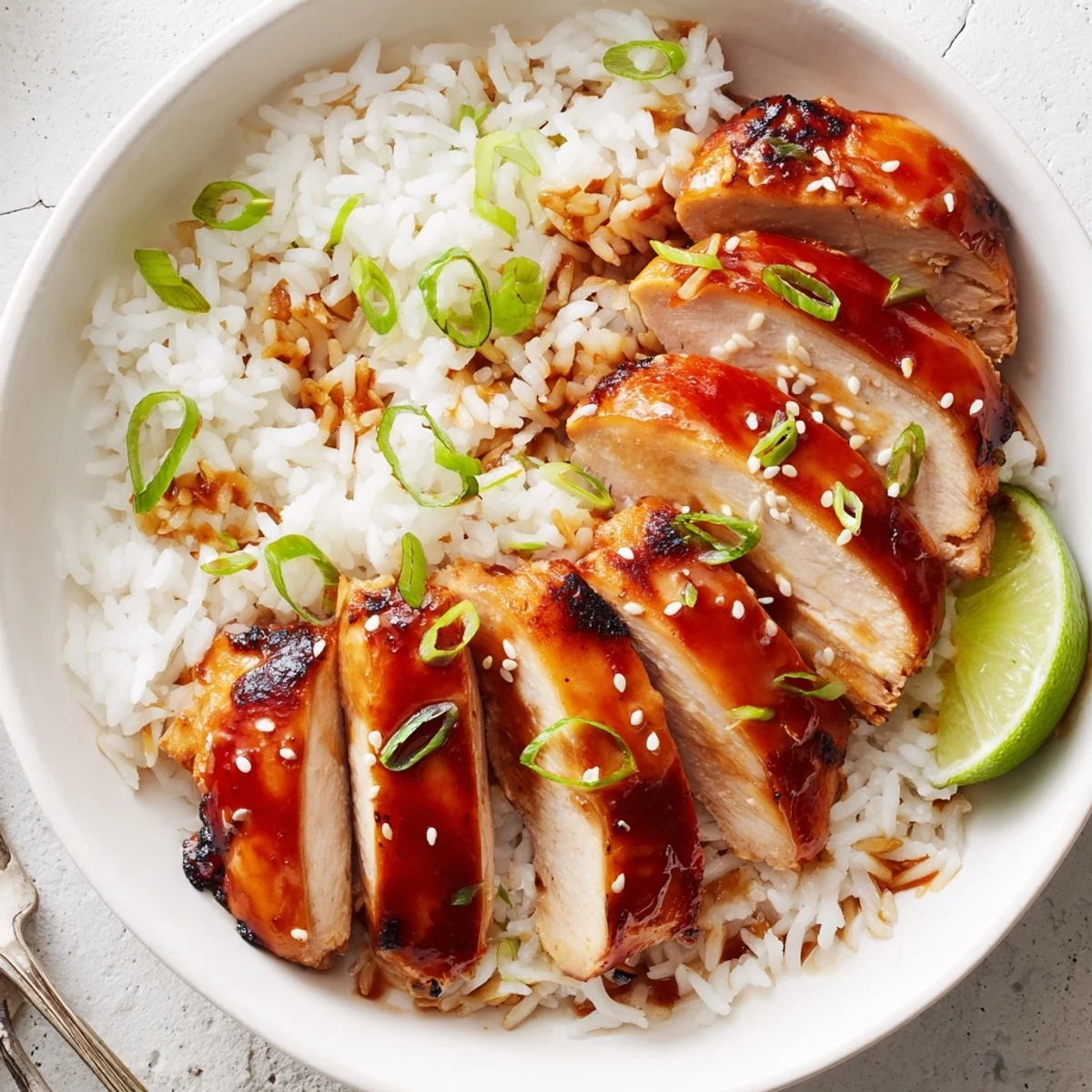 Bowl of Spicy Maple Chicken And Coconut Rice topped with toasted sesame, scallions  