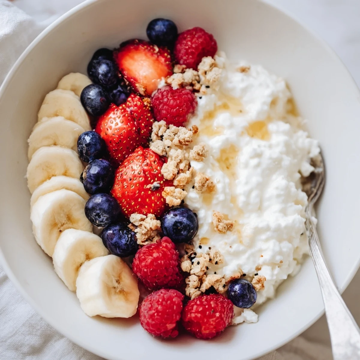 Cottage Cheese Breakfast Bowl with creamy curds, berries, crunchy granola, honey drizzle
