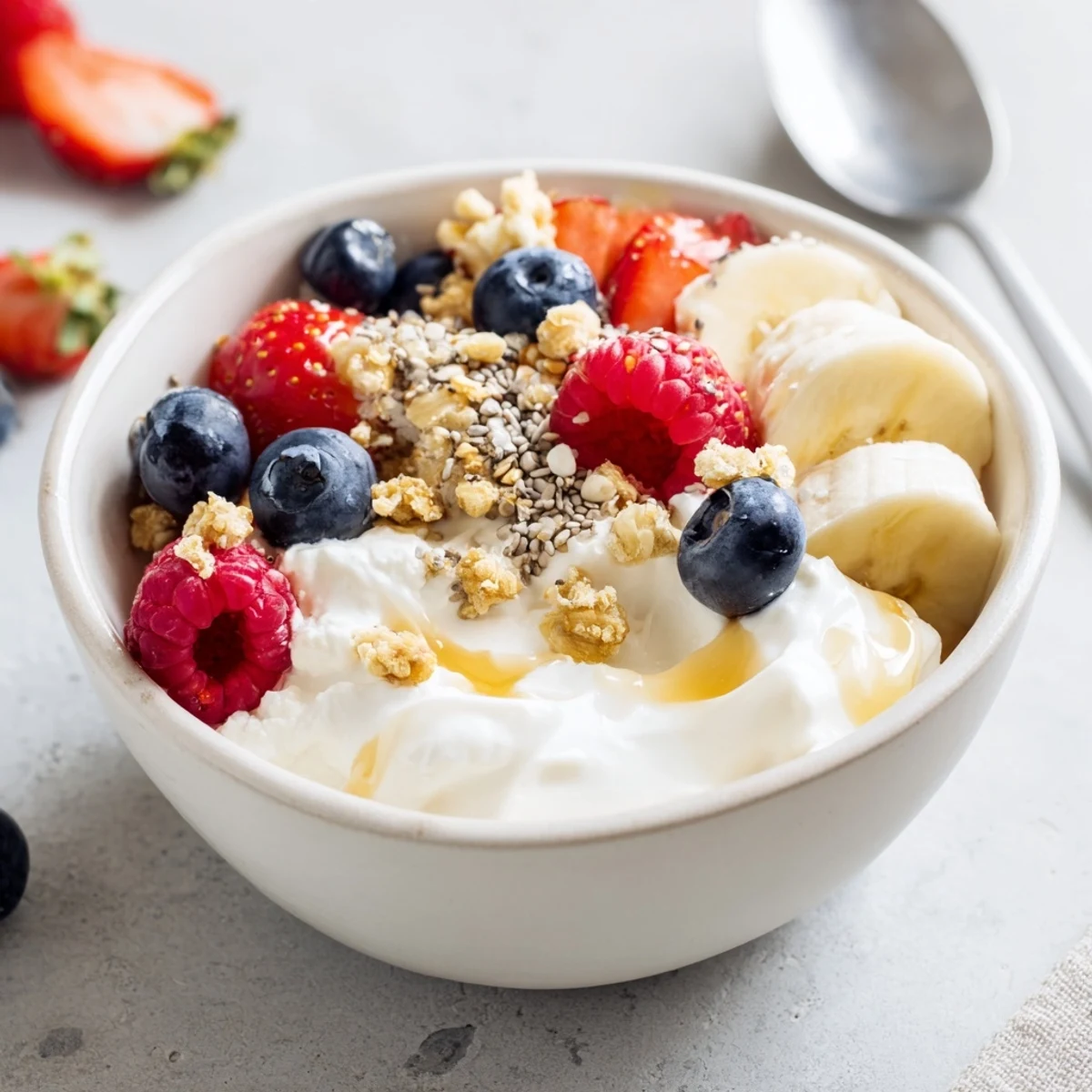 Simple Cottage Cheese Breakfast Bowl served chilled with spoon, juicy berries, nutty granola