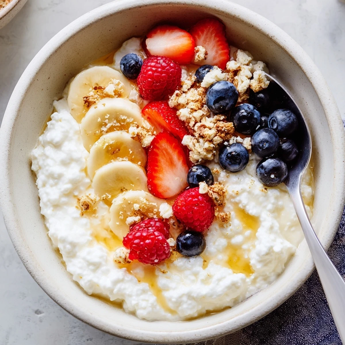 Bright Cottage Cheese Breakfast Bowl topped with sliced banana, chia seeds, maple syrup