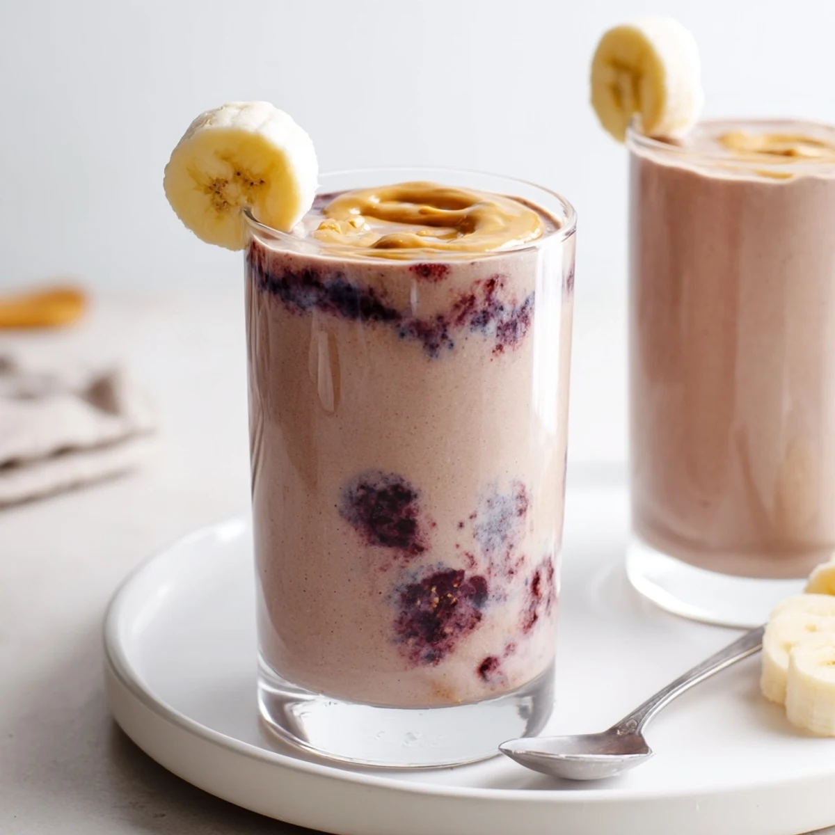 High Protein Smoothie poured into tall glass, creamy banana and berry swirl