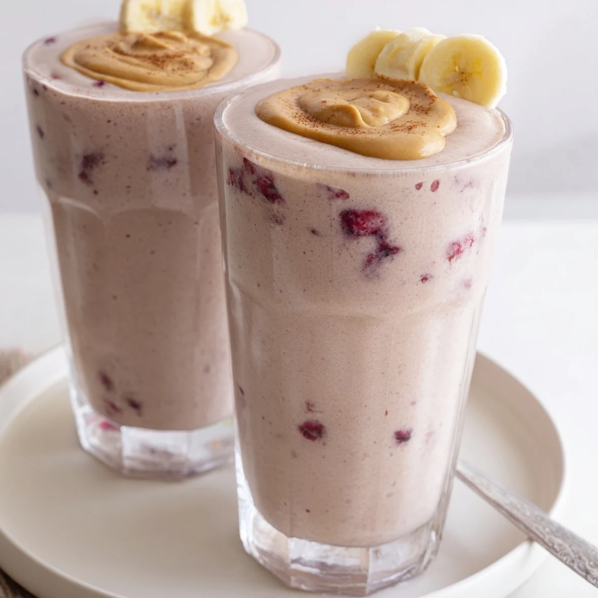 Two glasses of High Protein Smoothie on counter, sprinkled chia seeds