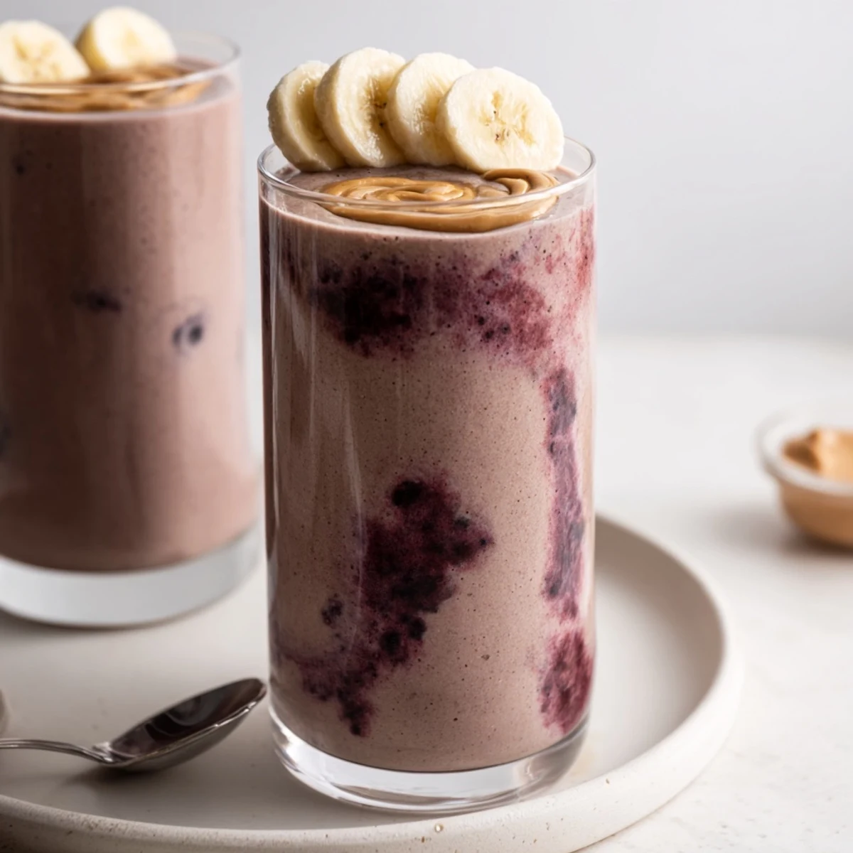Chilled High Protein Smoothie topped with peanut butter drizzle, ready post-workout
