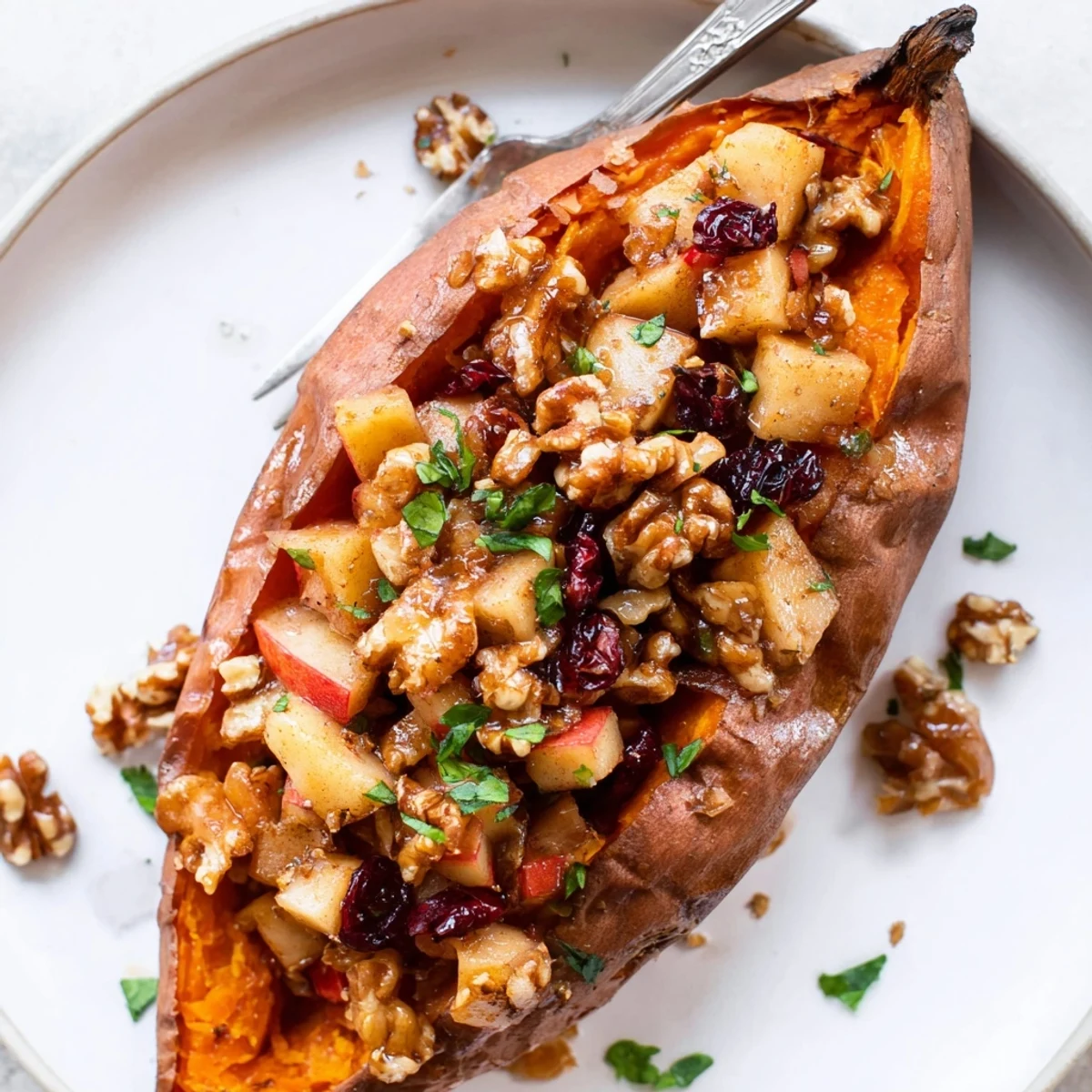 Stuffed Sweet Potatoes With Apples, steaming with cinnamon scented filling and crunchy walnuts  