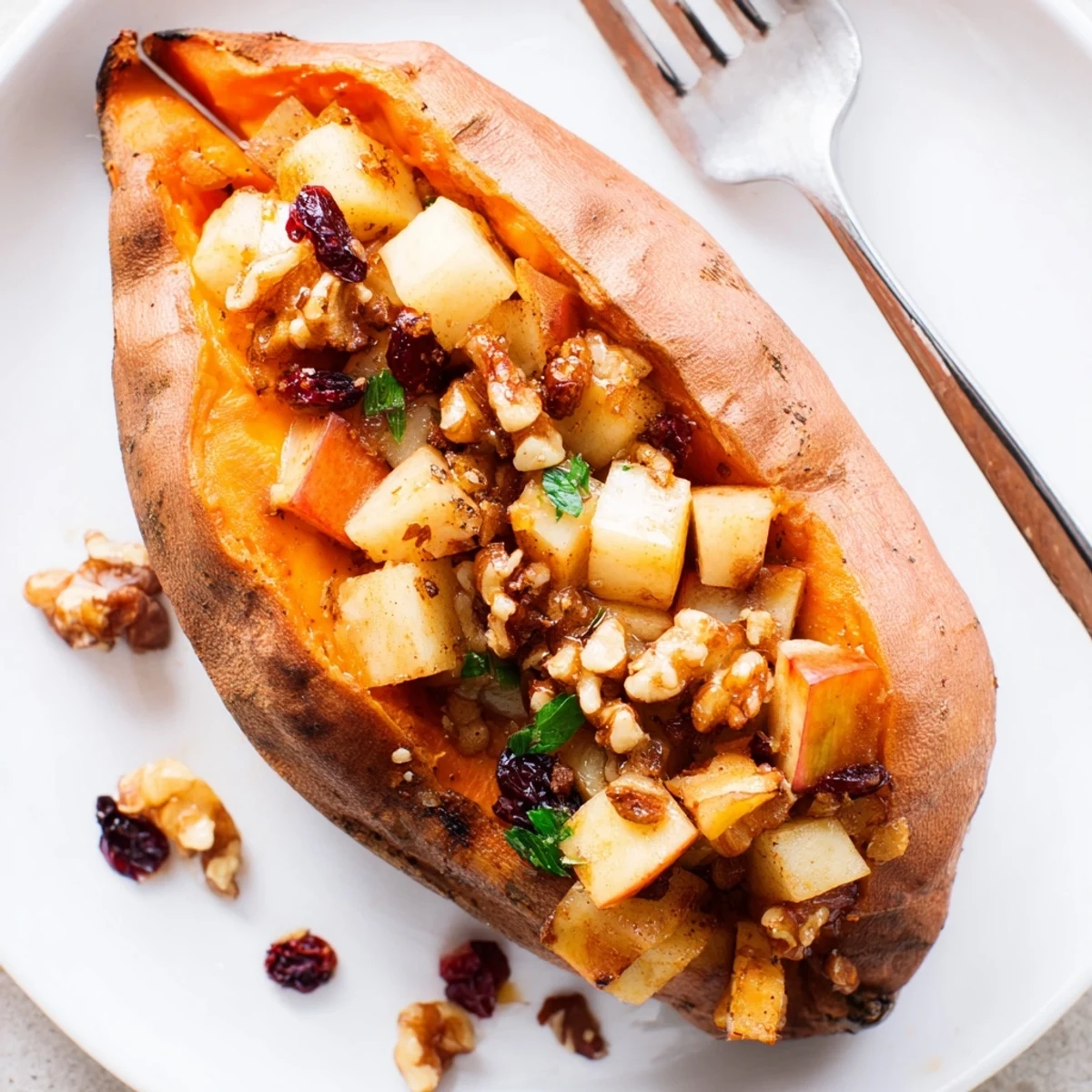 A warm plate of Stuffed Sweet Potatoes With Apples topped with fresh parsley  