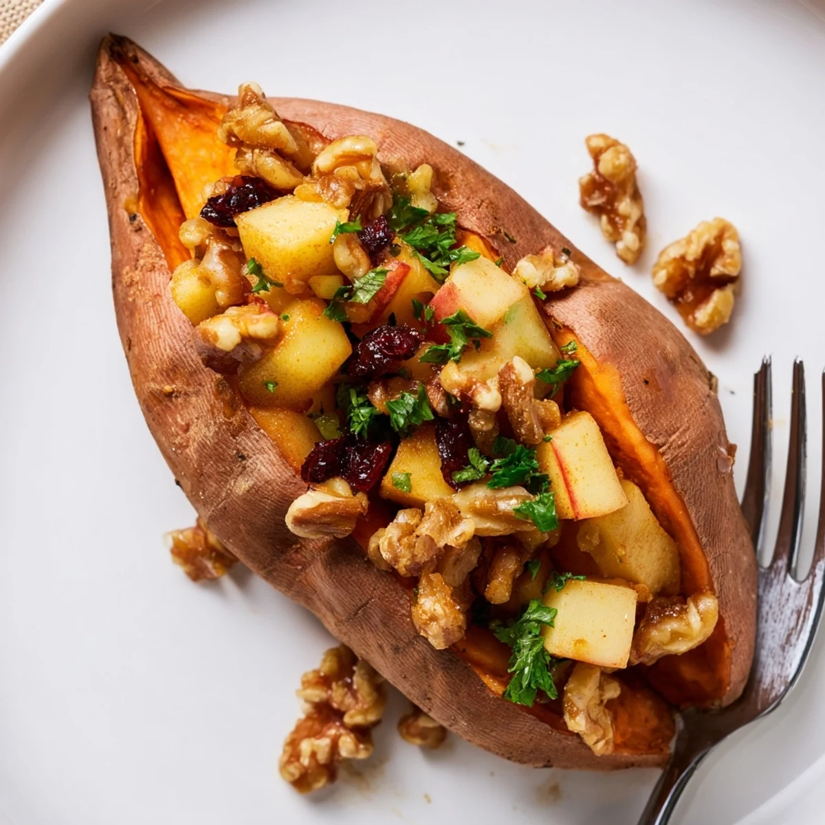Oven roasted Stuffed Sweet Potatoes With Apples with maple syrup and ready to serve