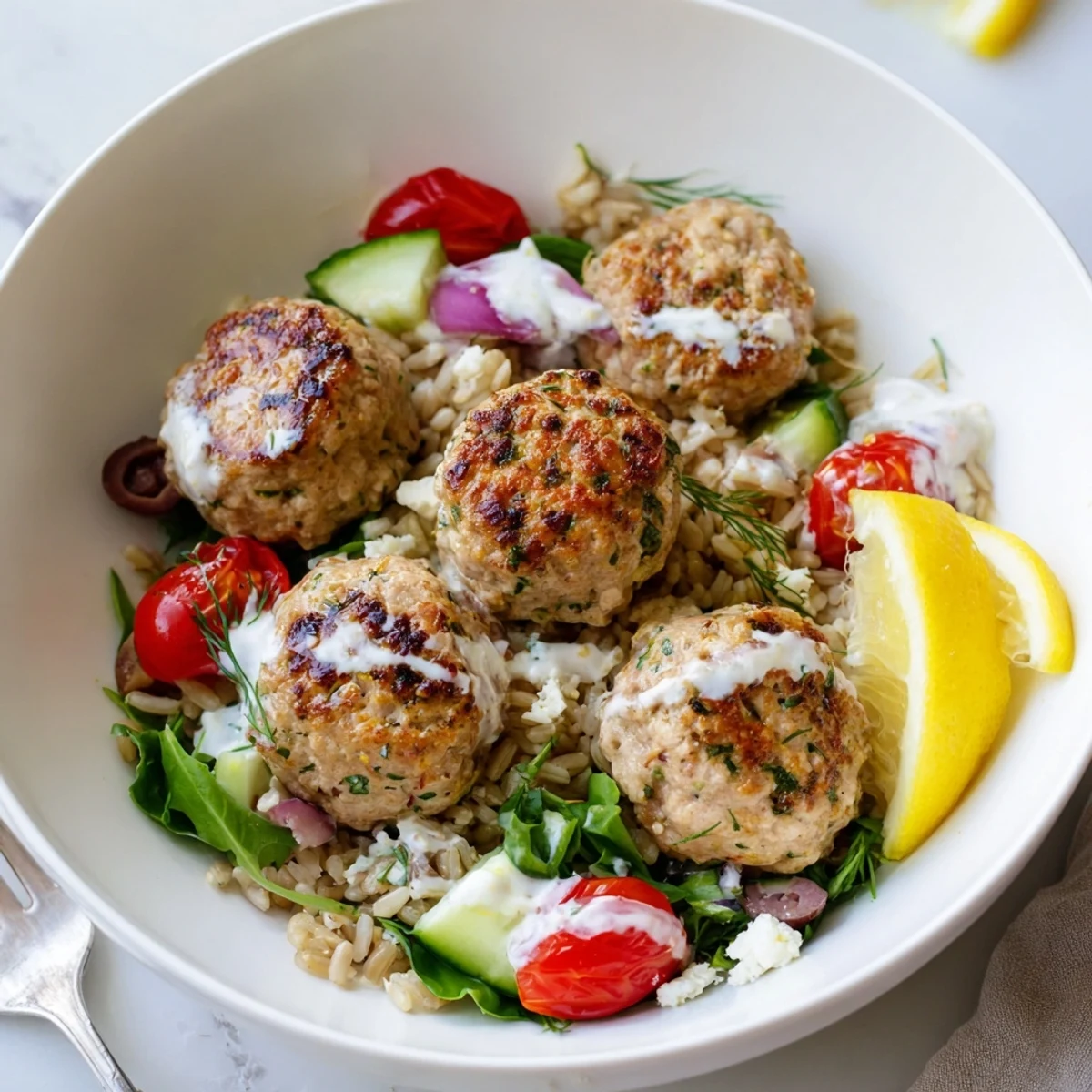 Hearty Turkey Mediterranean Meatballs Bowl over fluffy quinoa, creamy dill yogurt drizzle