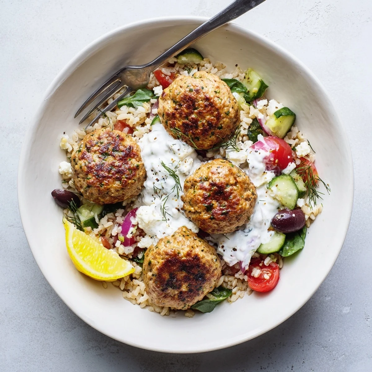 Turkey Mediterranean Meatballs Bowl with golden baked meatballs, bright lemon wedges