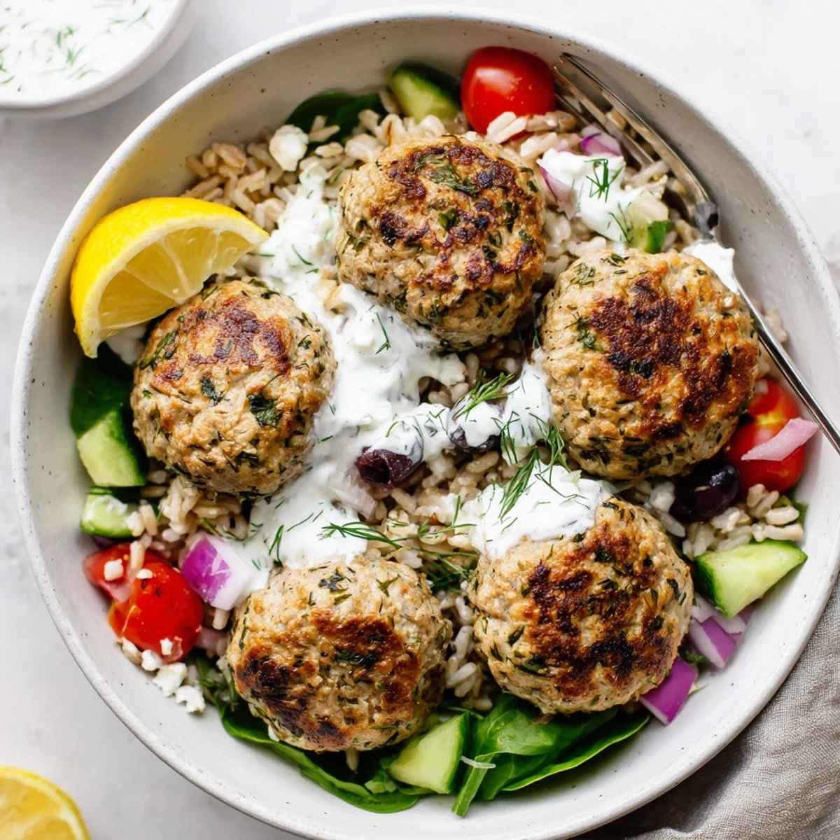 Family style Turkey Mediterranean Meatballs Bowl garnished with tangy feta and juicy tomatoes