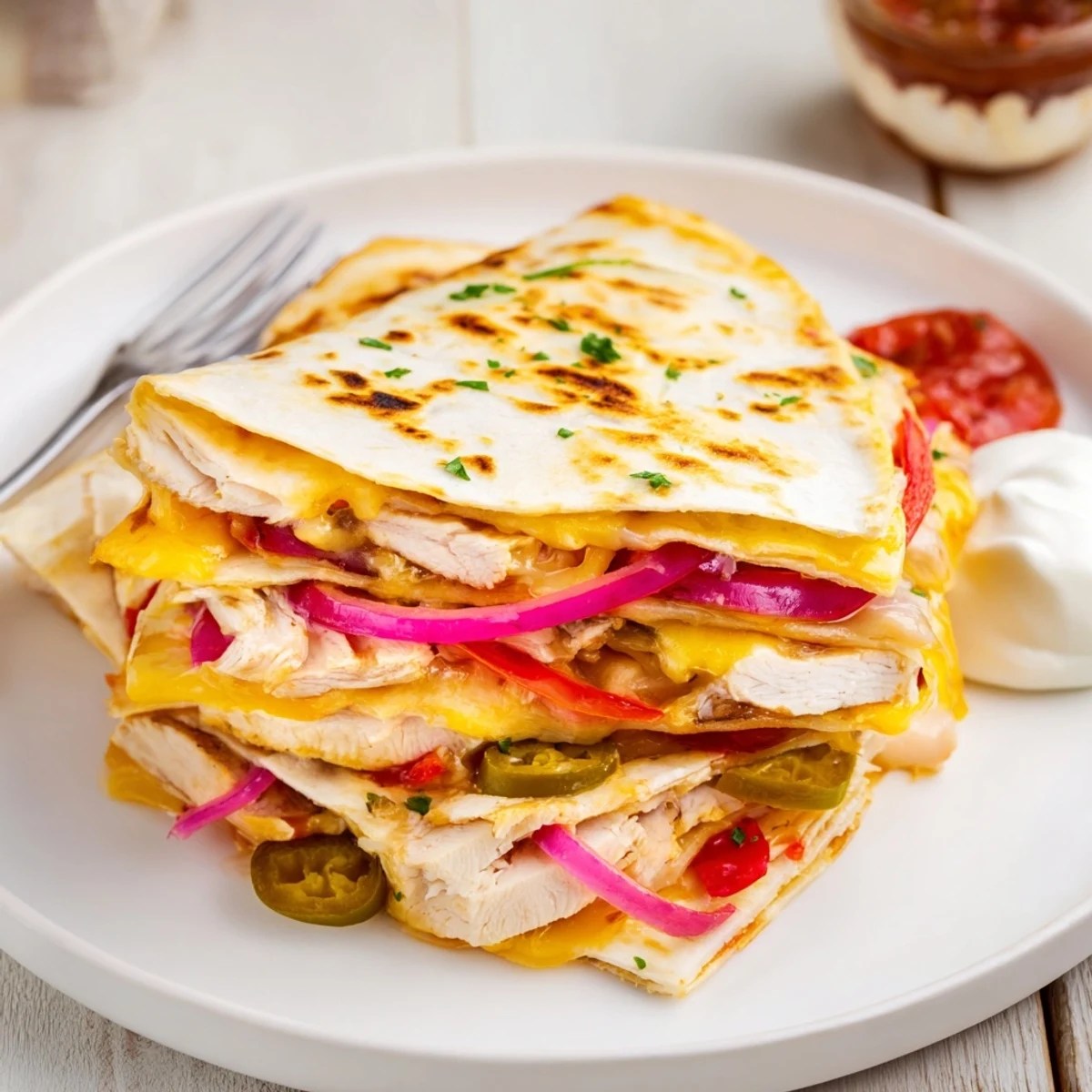 Spicy Crispy Grilled Chicken Quesadilla with melty cheese, charred peppers, golden crust.