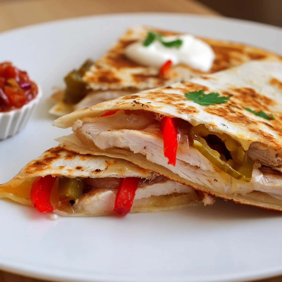 On a skillet, Spicy Crispy Grilled Chicken Quesadilla oozes cheese; cilantro and jalapeños.
