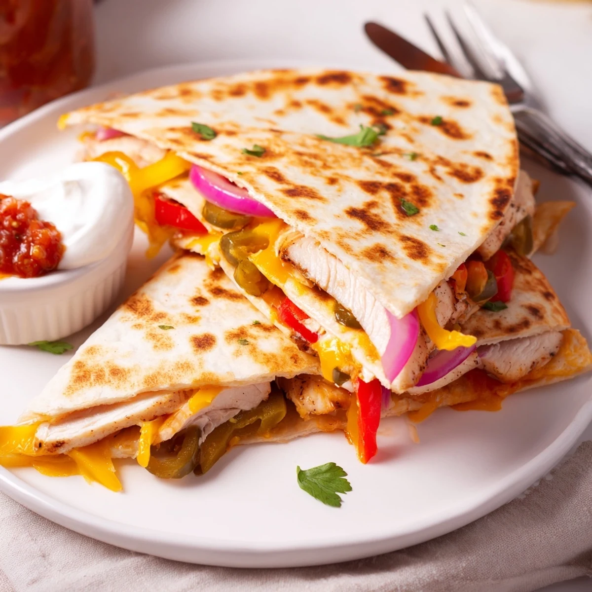 Sliced and steaming, Spicy Crispy Grilled Chicken Quesadilla paired with cool guacamole.
