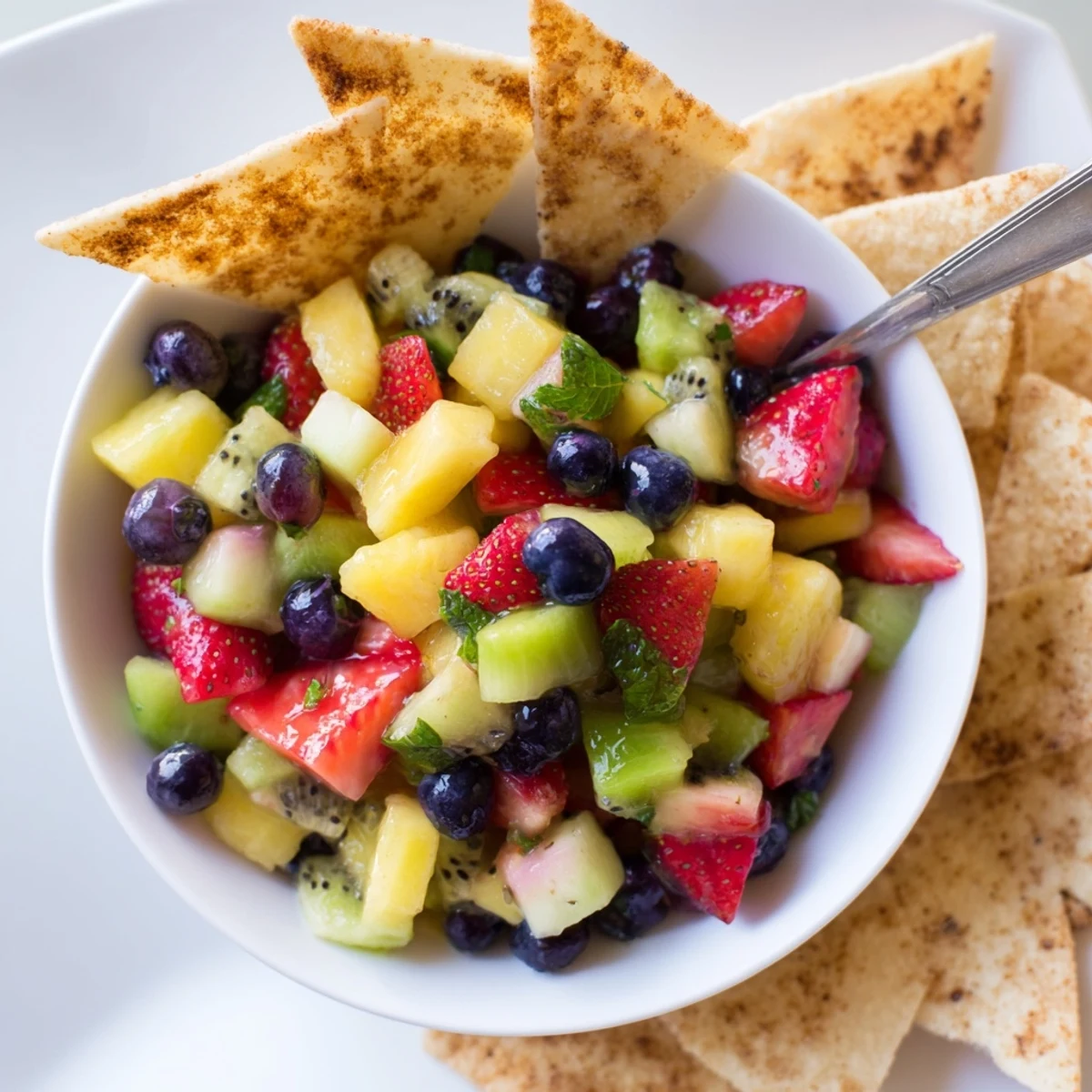 Fruit Salsa With Cinnamon Sugar Tortilla Chips, a chilled bowl and crispy wedges.