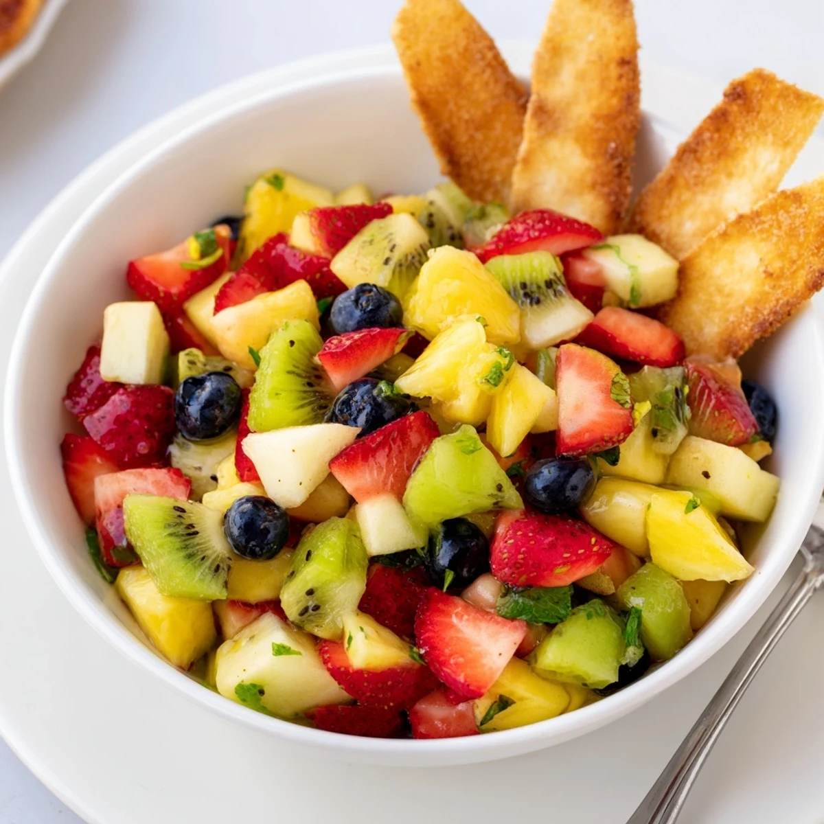 Fruit Salsa With Cinnamon Sugar Tortilla Chips, warm baked wedges and tangy lime salsa.