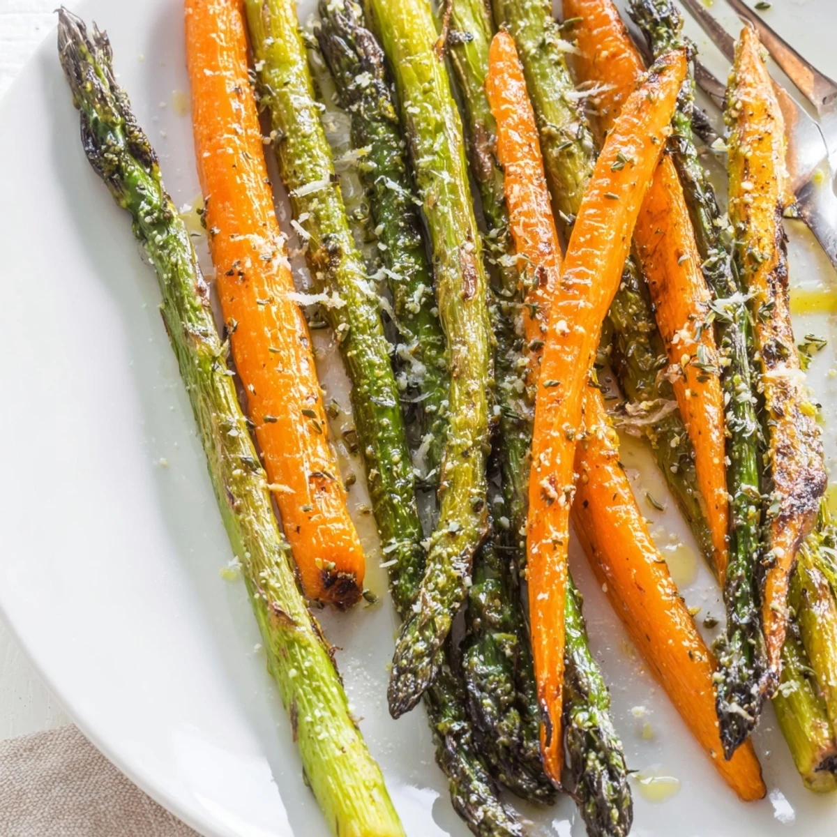 Tray of Roasted Asparagus Carrots, edges caramelized, served warm