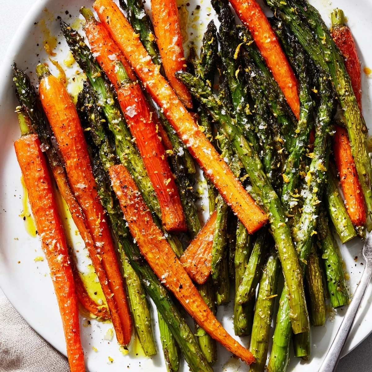 Roasted Asparagus Carrots glisten with lemon zest, lightly browned and tender