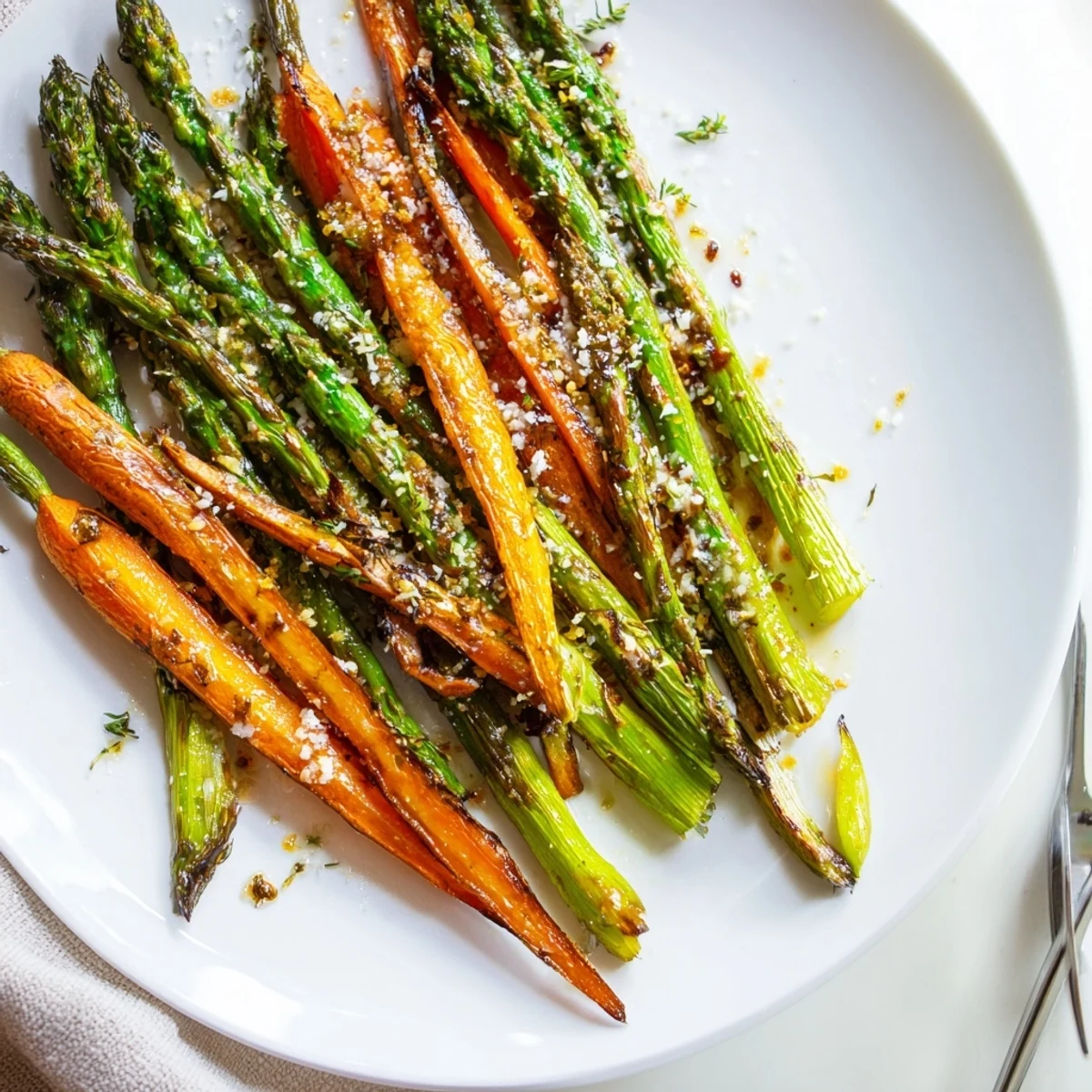 Roasted Asparagus Carrots tossed in olive oil, thyme aroma, bright lemon