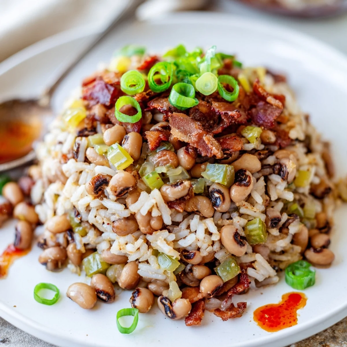 Hearty Smoky Southern Hoppin John with tender black eyed peas and fluffy rice