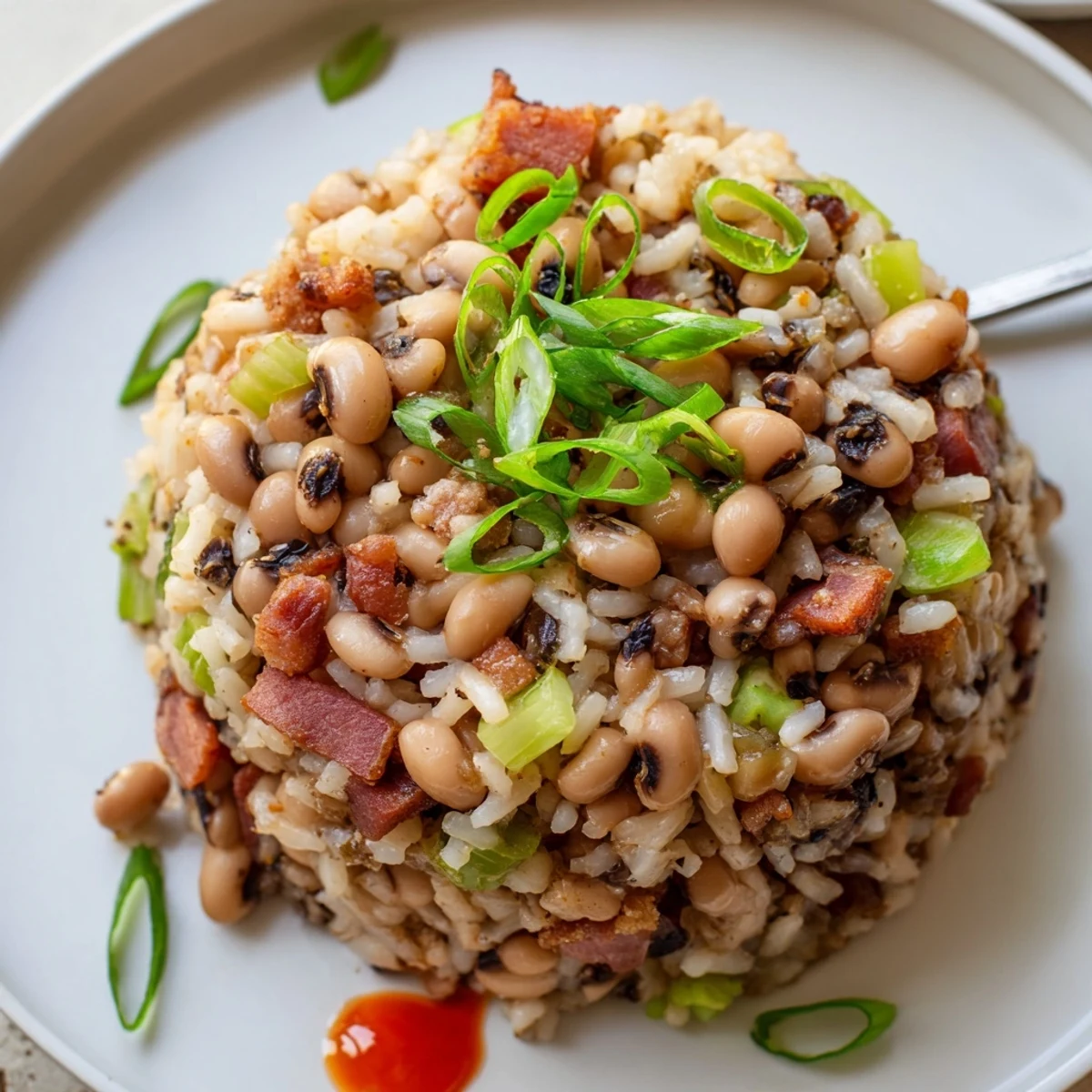 Spoonful of Hearty Smoky Southern Hoppin John steaming, garnished with green onions
