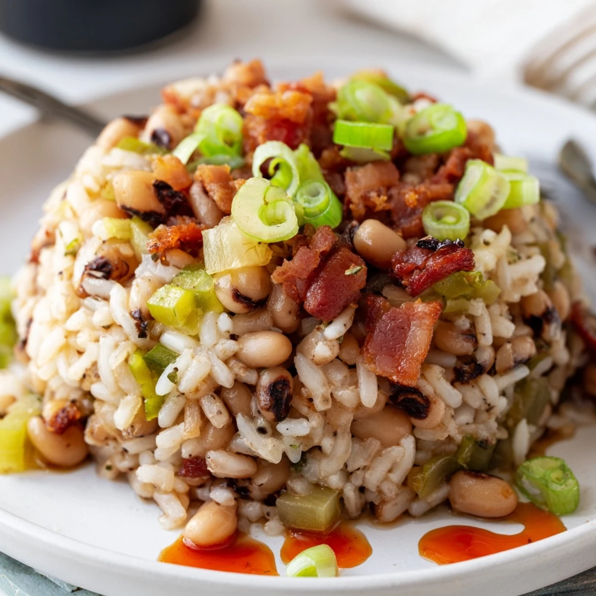 Hearty Smoky Southern Hoppin John served family style alongside cornbread and hot sauce