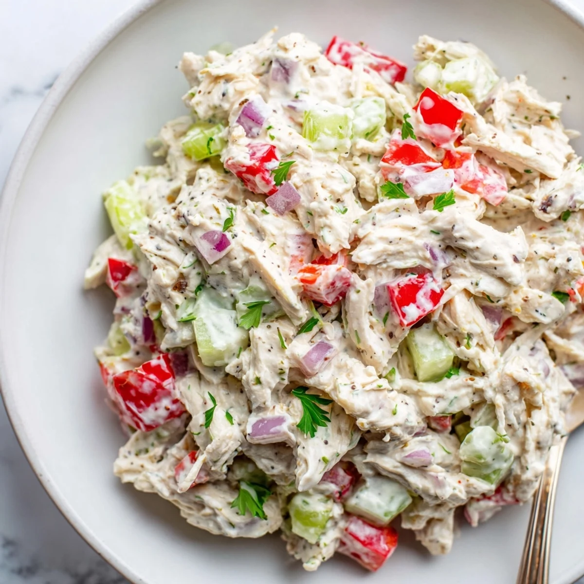High Protein Pepperoncini Chicken Salad with tender shredded chicken, tangy pepperoncini
