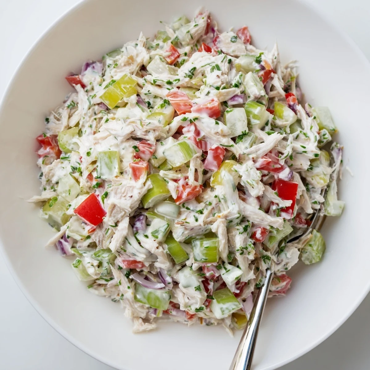 Chilled High Protein Pepperoncini Chicken Salad on mixed greens, crunchy celery